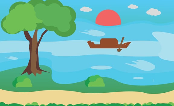 Vector illustration landscape background. road green grass  sun boat  and colorful trees blue sky, simple cartoon style