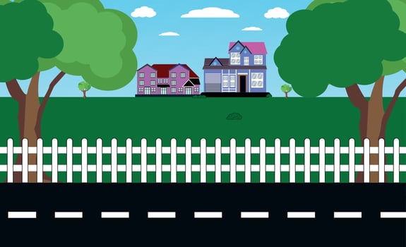 Suburban house with sign for sale. Residential cottage from  with cityscape on background. Vector cartoon landscape with suburb mansion. Real estate purchase concept colorful trees and road .