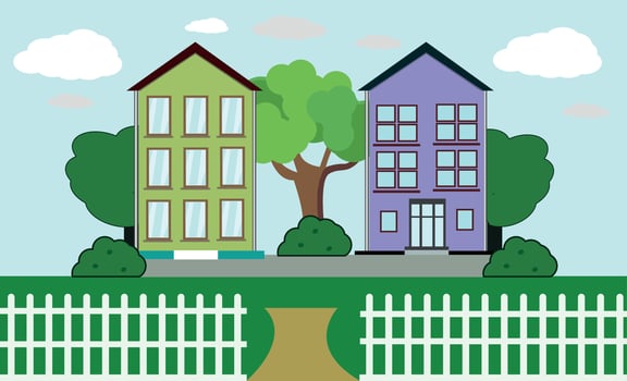 Flat style countryside house with trees on lawn concept. Architecture design elements. Build your world collection. blue sky, cute cartoon style. vector