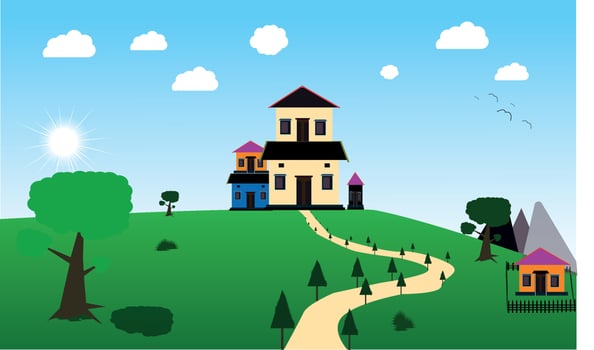 Vector nature landscape background.the road in green fields leading to the lovely house, colorful trees green grass, blue sky.