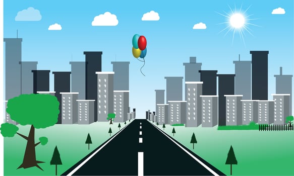 Background scene with road to city  illustration buildings and green sky. vector