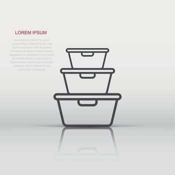 Food container icon in flat style. Kitchen bowl vector illustration on white background. Plastic container box business concept.