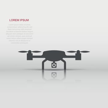 Drone quadrocopter icon in flat style. Quadcopter camera vector illustration on white isolated background. Helicopter flight business concept.