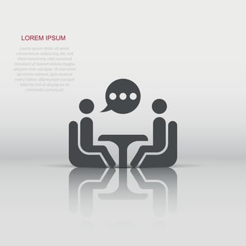 Business consulting icon in flat style. Two people with table vector illustration on white isolated background. Restaurant dialog business concept.