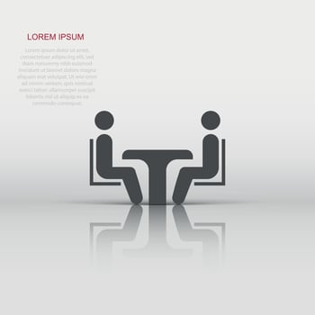 Business consulting icon in flat style. Two people with table vector illustration on white isolated background. Restaurant dialog business concept.