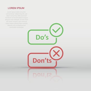 Do's and don'ts sign icon in flat style. Like, unlike vector illustration on white isolated background. Yes, no business concept.