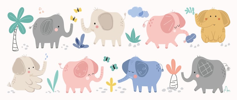 Set of cute elephants vector. Adorable wild life elephant in different poses, happy, sitting, butterfly, flower, tree. Happy wild animals illustration design for education, kids, poster, stickers. vector