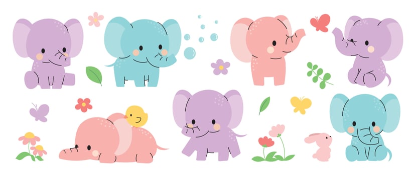 Set of cute elephants vector. Adorable wild life elephant in different poses, happy, sitting, rabbit, chick, flower. Happy wild animals illustration design for education, kids, poster, stickers. vector