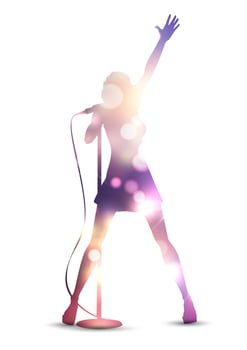 silhouette of a female singer with bokeh lights design vector