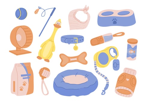 Set of pet shop assortment. Supplies, toys and domestic animals care equipment. vector