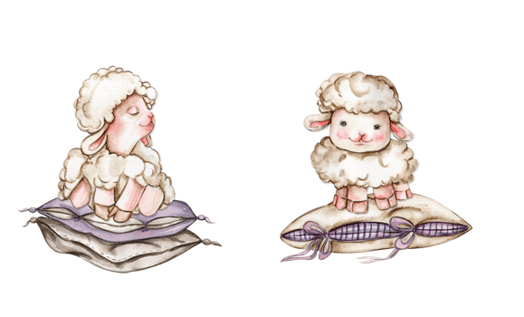 Watercolor hand drawn cute white fluffy sheep sitting on the soft pillow. Illustration of farm baby animal . Perfect for wedding invitation, greetings card, poster, fabric pattern. png
