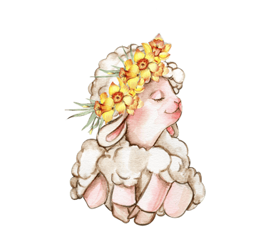 Watercolor white fluffy sheep with wreath made from yellow narcissus flowers on its head. Illustration of farm baby animal. Perfect for wedding invitation,greetings card,poster, fabric patterns. png