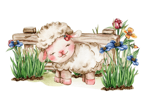 White fluffy sheep sitting in the grass with flowers and butterflies next to wooden fence. Watercolor hand drawn illustration of farm baby animal . Perfect for greetings card, poster, fabric pattern. png