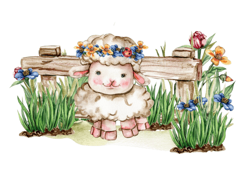 White fluffy sheep sitting in the grass with flowers and butterflies next to wooden fence. Watercolor hand drawn illustration of farm baby animal . Perfect for greetings card, poster, fabric pattern. png