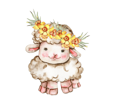 Watercolor white fluffy sheep with wreath made from yellow narcissus flowers on its head. Illustration of farm baby animal. Perfect for wedding invitation,greetings card,poster, fabric patterns. png