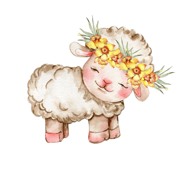 Watercolor white fluffy sheep with wreath made from yellow narcissus flowers on its head. Illustration of farm baby animal. Perfect for wedding invitation,greetings card,poster, fabric patterns. png