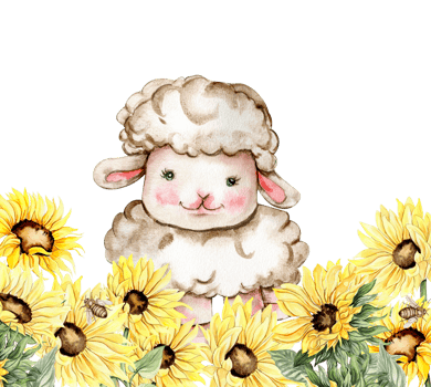 Watercolor hand drawn cute white fluffy sheep sitting in the sunflowers. Illustration of farm baby animal . Perfect for wedding invitation, greetings card, poster, fabric pattern. png