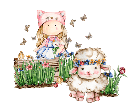 Girl Tilda doll and white fluffy sheeps sitting in the grass with flowers and butterflies. Watercolor hand drawn illustration of farm baby animal . Perfect for greetings card, poster, fabric pattern. png