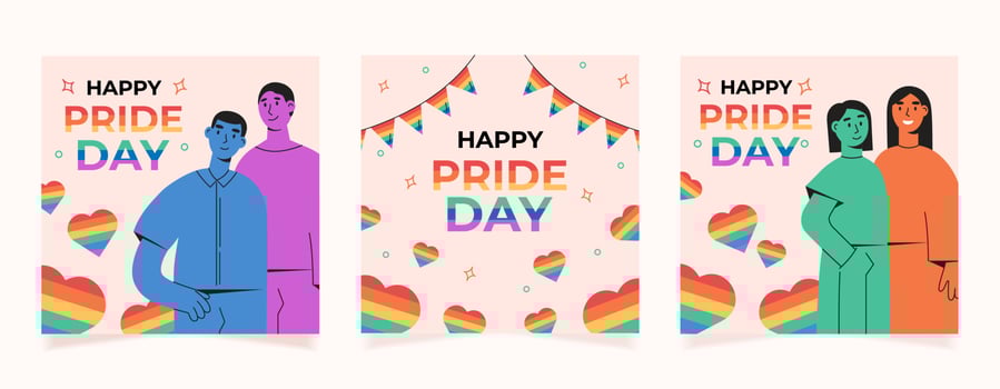 Set of square backgrounds for Pride Day. Colorful abstract couple of LGBT men hugging. Couple of lgbt women. vector