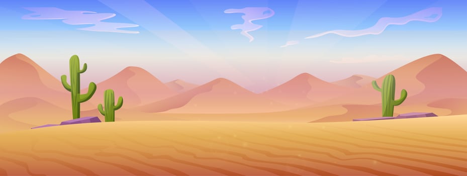 Vector cartoon style illustration. Desert landscape with sand dunes and stones with cactuses.