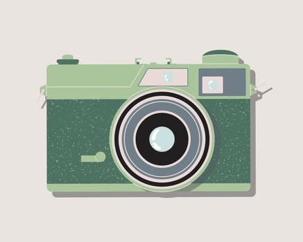 Film camera front view. Classic 35 mm photo camera isolated illustration. Hand drawn vector clip art for web and print. Trendy flat style illustration. Photography concept.