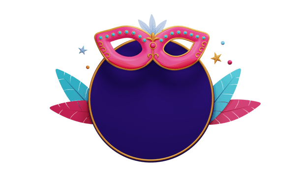 3D Render of Masquerade Mask With Colorful Feathers Circle Frame Against Background. png
