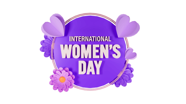 International Women's Day Text On Circular Frame Decorated By Flowers With Paper Hearts Element. png