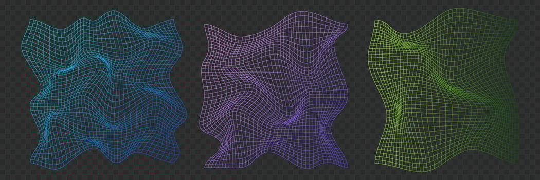 Distorted neon grid pattern. Warped mesh texture. Retro punk design elements. Wireframe wave geometry grid. Curved mesh elements. Vector illustration