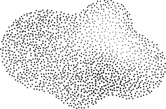 Abstract halftone shape with fluid gradient dots. Liquid stipple grunge stain with gradation. Grainy random shading element png