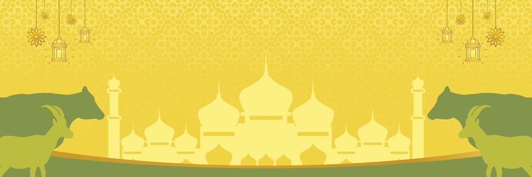 Islamic background for Eid al-Adha, with mosque, mandala, cow and goat icons. Banner template with empty space for text. qurban day vector illustration
