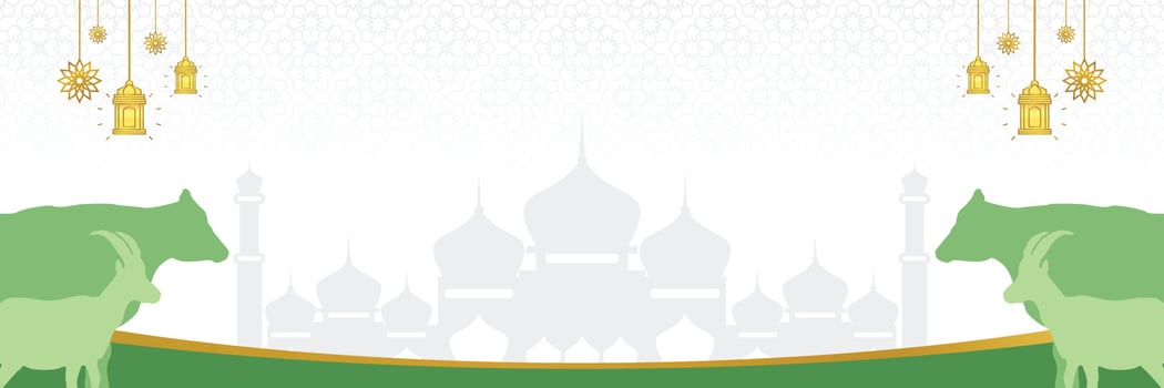 Islamic background for Eid al-Adha, with mosque, mandala, cow and goat icons. Banner template with empty space for text. qurban day vector illustration
