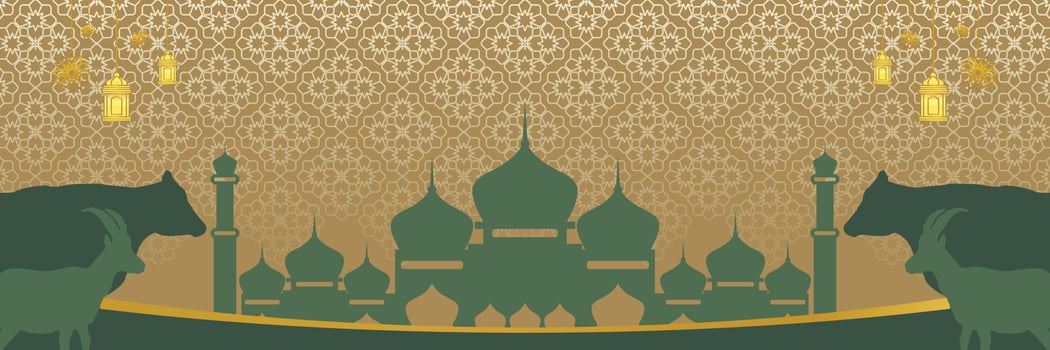Islamic background for Eid al-Adha, with mosque, mandala, cow and goat icons. Banner template with empty space for text. qurban day vector illustration