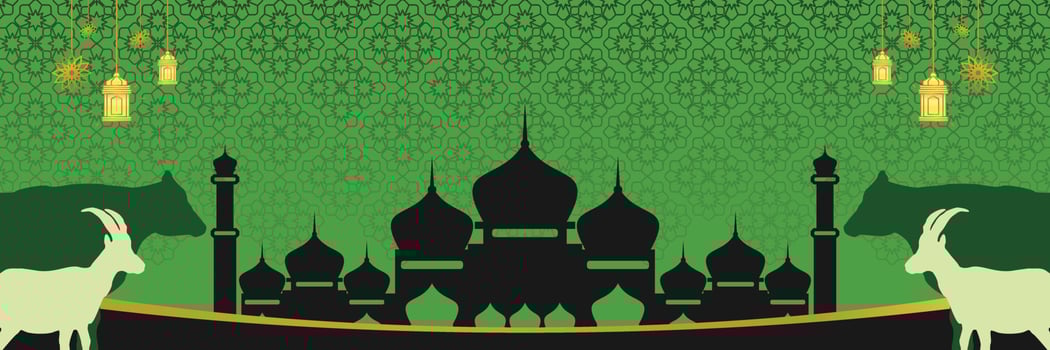 Islamic background for Eid al-Adha, with mosque, mandala, cow and goat icons. Banner template with empty space for text. qurban day vector illustration