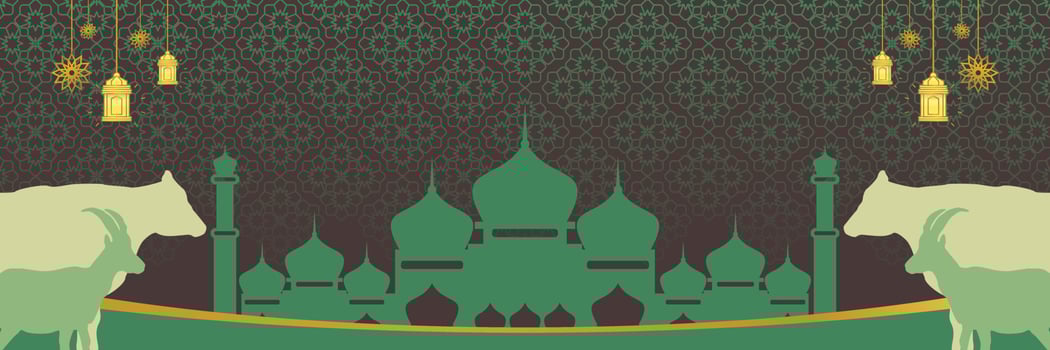 Islamic background for Eid al-Adha, with mosque, mandala, cow and goat icons. Banner template with empty space for text. qurban day vector illustration