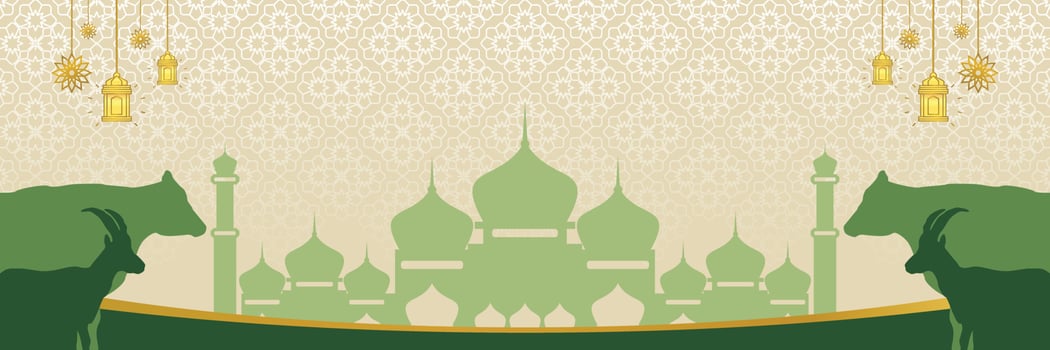 Islamic background for Eid al-Adha, with mosque, mandala, cow and goat icons. Banner template with empty space for text. qurban day vector illustration