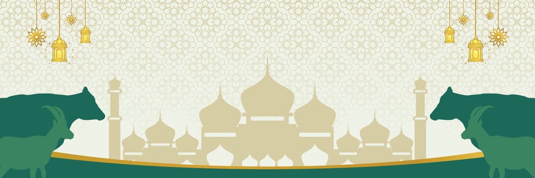 Islamic background for Eid al-Adha, with mosque, mandala, cow and goat icons. Banner template with empty space for text. qurban day vector illustration