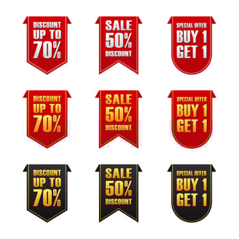 set of label price tag set bundle for discount and product promotion in red, black and golden color vector