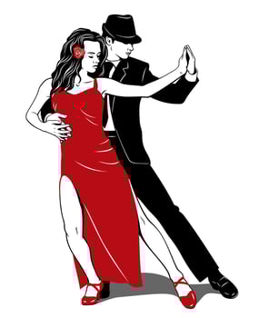 Argentine Tango. Couple Dancing. Woman in red dress, Man in black suit. Vector drawing.