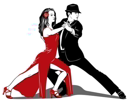Argentine Tango. Dancing Pair. Woman in red dress, Man in black suit. Vector clipart.