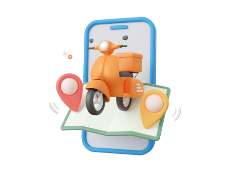 3d cartoon design illustration of Delivery service on mobile, Scooter with pins on map. png