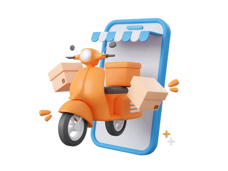 3d cartoon design illustration of Scooter shipping parcel boxes, Shopping and delivery service online on mobile. png
