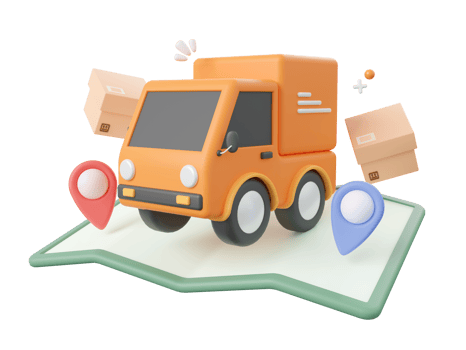 3d cartoon design illustration of Delivery service, Delivery truck shipping parcel box with pins on map. png