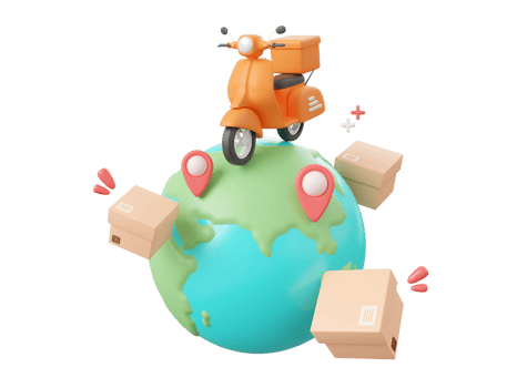 3d cartoon design illustration of Delivery scooter shipping parcel boxes with pin on globe, Global shopping and delivery service concept. png