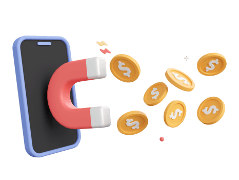 3d cartoon design illustration of Smartphone with magnet attracts gold coins, Investment concept. png