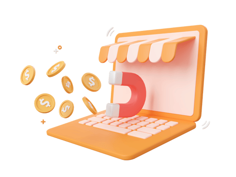 3d cartoon design illustration of Laptop store with magnet attracts gold coins. png