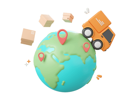 3d cartoon design illustration of Delivery truck shipping parcel boxes with pin on globe, Global shopping and delivery service concept. png