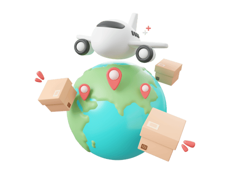 3d cartoon design illustration of Delivery airplane shipping parcel boxes with pin on globe, Global shopping and delivery service concept. png