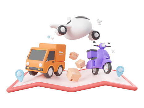 3d cartoon design illustration of Delivery service, Delivery airplane, truck and scotter with pins on map. png