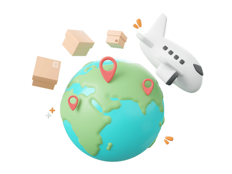 3d cartoon design illustration of Delivery airplane shipping parcel boxes with pin on globe, Global shopping and delivery service concept. png