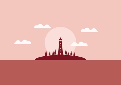 view of the lighthouse on the seashore with sunset or sunrise flat design vector illustration